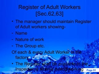Register of Adult Workers
          [Sec.62,63]
• The manager should maintain Register
  of Adult workers showing-
- Name
- Nature of work
- The Group etc.
Of each & every Adult Worker in the
  factory.
• The Register shall be available to the
  Inspector at all time during working Page 91
 