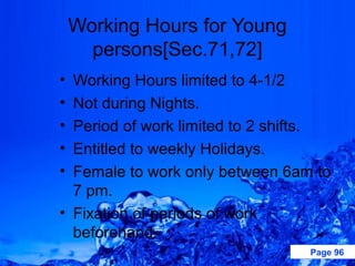 Working Hours for Young
      persons[Sec.71,72]
• Working Hours limited to 4-1/2
• Not during Nights.
• Period of work limited to 2 shifts.
• Entitled to weekly Holidays.
• Female to work only between 6am to
  7 pm.
• Fixation of periods of work
  beforehand.
                                  Page 96
 