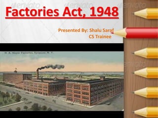 Factories Act, 1948
Presented By: Shalu Saraf
CS Trainee

 