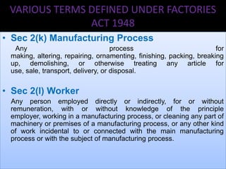 VARIOUS TERMS DEFINED UNDER FACTORIES
ACT 1948
• Sec 2(k) Manufacturing Process
Any
process
for
making, altering, repairing, ornamenting, finishing, packing, breaking
up, demolishing, or otherwise treating any article for
use, sale, transport, delivery, or disposal.

• Sec 2(l) Worker
Any person employed directly or indirectly, for or without
remuneration, with or without knowledge of the principle
employer, working in a manufacturing process, or cleaning any part of
machinery or premises of a manufacturing process, or any other kind
of work incidental to or connected with the main manufacturing
process or with the subject of manufacturing process.

 