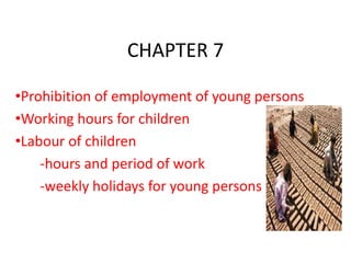 CHAPTER 7
•Prohibition of employment of young persons
•Working hours for children
•Labour of children
-hours and period of work
-weekly holidays for young persons

 
