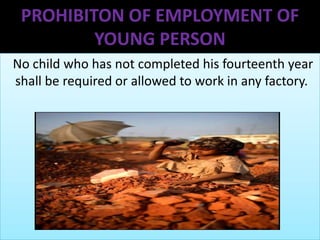 PROHIBITON OF EMPLOYMENT OF
YOUNG PERSON
No child who has not completed his fourteenth year
shall be required or allowed to work in any factory.

 