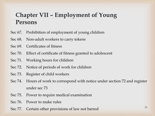 Chapter VII – Employment of Young
Persons
Sec 67. Prohibition of employment of young children
Sec 68. Non-adult workers to carry tokens
Sec 69. Certificates of fitness
Sec 70. Effect of certificate of fitness granted to adolescent
Sec 71. Working hours for children
Sec 72. Notice of periods of work for children
Sec 73. Register of child workers
Sec 74. Hours of work to correspond with notice under section 72 and register
under sec 73
Sec 75. Power to require medical examination
Sec 76. Power to make rules
Sec 77. Certain other provisions of law not barred
15
 