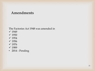 Amendments
The Factories Act 1948 was amended in
 1949
 1950
 1954
 1956
 1976
 1989
• 2014 - Pending
21
 