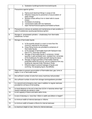 e. Substation buildings/transformers/switchyards
7 Precautions against ignition:
a. Flame proof electrical fittings in areas of risk
b. Effective measures for prevention of accumulation of
static charge
c. Workers shoes without iron or steel nails to cause
friction
d. Prohibition of smoking
e. Transmission belts with iron fasteners
f. Open flames/frictional sparks/overheated surfaces
8 Precautions to remove air pockets and maintenance of wet condition in
case of substances causing spontaneous ignition
9 Storage of compressed cylinders – shade/away from flammable
substances, furnace
10 Storage of flammable liquids:
a. Is the quantity stored in a room is more than the
minimum required for the process
b. Close fitting covers are provided to containers of
flammable liquids
c. Is the storage of flammable liquid with flashpoint less
than 21°
C more than 20 liters
d. Storage of flammable liquids in containers: limited
quantity in well ventilated room, isolated from remainder
of the building by fire walls and self closing fire doors
e. Storage of large quantities of flammable material,
preferably below the ground, and at a distance from any
building as required under Petroleum Rules
f. Effective steps to prevent leakage of liquids and
confining the escaping liquid ( BundWalls)
11 Steps taken to prevent accumulation of flammable dust, gas, fume or
vapour in air or flammable waste
12 Are sufficient number of exits from every machinery hall provided
13 Are sufficient number of exits from storage rooms/godowns provided
14 Is a second and emergency stair case in addition to regular staircase
provided for all floors of the building
15 Is travel distance to the exit is less than 22.5m in factories where high
hazard materials are stored or used
16 Is exit capacity of doors and stairs within limits
17 Is size of doorway is more than 100cm in width and 200cm in height?
18 Is minimum width of internal staircase is 100cms
19 Is minimum width of treads is 25cms for internal staircase
20 Is maximum height of riser 19cms for internal staircase
 