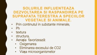 SOLURILE INFLUENTEAZA
DEZVOLTAREA SI RASPANDIREA PE
SUPRAFATA TERESTRA A SPECIILOR
VEGETALE SI ANIMALE.
• Prin continutul in substante minerale,
• Ph
• textura
• structura,
• Aerația favorizează:
• Oxigenarea
• Eliminarea excesului de CO2
• Viața microorganismelor
 