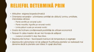 RELIEFUL DETERMINĂ PRIN
• Altitudine- etajarea biopedoclimatică
• Orientarea versanților- schimbarea cantității de căldură, lumina, umiditate,
intensitatea vântului
– Plante xerofile pe versanții sudici
– Plante mezofile, higrofile pe versanții nordici
– Limita pădurii scade pe versanții nordici
• Gradul de înclinare condiționează posibilități de utilizare economică
• Paravan în calea maselor de aer reci-funcția de adăpost
– (castanul comestibil în depr. Baia Mare,
• Depresiunile închise – favorizează inversiuni de temperature și vegetație
• depresiunile submontane-rol de adăpost-fructificarea plantelor se realizează mai
devreme decât la plantele care trăiesc în spații deschise)
 