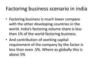 Factoring business scenario in india 
• Factoring business is much lower compare 
with the other developing countries in the 
world. India’s factoring volume share is less 
than 1% of the world factoring business. 
• And contribution of working capital 
requirement of the company by the factor is 
less than even .5%. Where as globally this is 
above 5% 
 