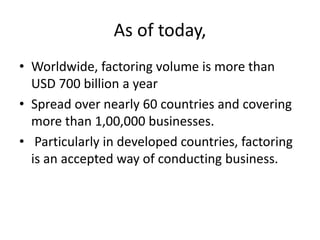 As of today, 
• Worldwide, factoring volume is more than 
USD 700 billion a year 
• Spread over nearly 60 countries and covering 
more than 1,00,000 businesses. 
• Particularly in developed countries, factoring 
is an accepted way of conducting business. 
 