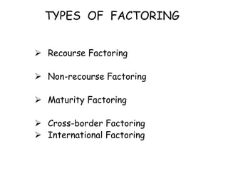 TYPES OF FACTORING 
 Recourse Factoring 
 Non-recourse Factoring 
 Maturity Factoring 
 Cross-border Factoring 
 International Factoring 
 