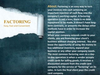 FACTORING
Easy, Fast and Convenient
About: Factoring is an easy way to turn
your invoices into cash achieving an
important injection of cash flow into the
company’s working capital. A factoring
operation is not a loan, there is no debt
repayment to be made, it doesn’t have long-
term contracts, or presents the delays other
methods have in order to increase the
capital position.
When your company extends credit to your
clients, you are financing your client’s
business without charging interest. You also
loose the opportunity of using the money to
buy additional inventory, expand your
business or any other your company needs.
The most common factoring seen on a day-
to-day operation is when a vender accepts
credit cards for selling goods; it receives a
discounted amount from the credit card
company for the service of “factoring” on its
sales. In turn the final client pays the credit
card company.
 
