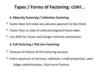 Types / Forms of Factoring: CONT…
4. Maturity Factoring / Collection Factoring:
ü Factor does not make any advance payment to the Client.
ü Factor Pays on date of collection/agreed future date.
ü Less RISK for Factor and charges nominal commission.
5. Full Factoring / Old Line Factoring:
ü Features of almost all the factoring services.
ü Entire spectrum of services; collection, credit protection, sales
ledger administration, short-term finance.
 