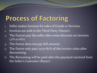 1. Seller makes Invoices for sales of Goods or Services.
2. Invoices are sold to the Third Party (Factor).
3. The Factors pay the seller after some discount on invoices
(2% to 6%).
4. The Factor does not pay full amount.
5. The Factor only pays 75 to 80% of the invoice value after
discounting.
6. The Remaining will be paid after the payment received from
the Seller’s Customer (Buyer).
 