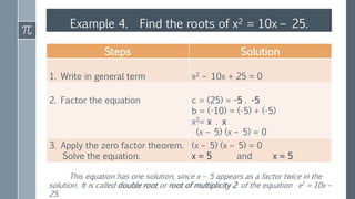 Example 4. Find the roots of x2 = 10x – 25.
Steps Solution
1. Write in general term x2 – 10x + 25 = 0
2. Factor the equation c = (25) = -5 . -5
b = (-10) = (-5) + (-5)
x2= x . x
(x – 5) (x – 5) = 0
3. Apply the zero factor theorem.
Solve the equation.
(x – 5) (x – 5) = 0
x = 5 and x = 5
This equation has one solution, since x – 5 appears as a factor twice in the
solution. It is called double root or root of multiplicity 2 of the equation x2 = 10x –
25.
 