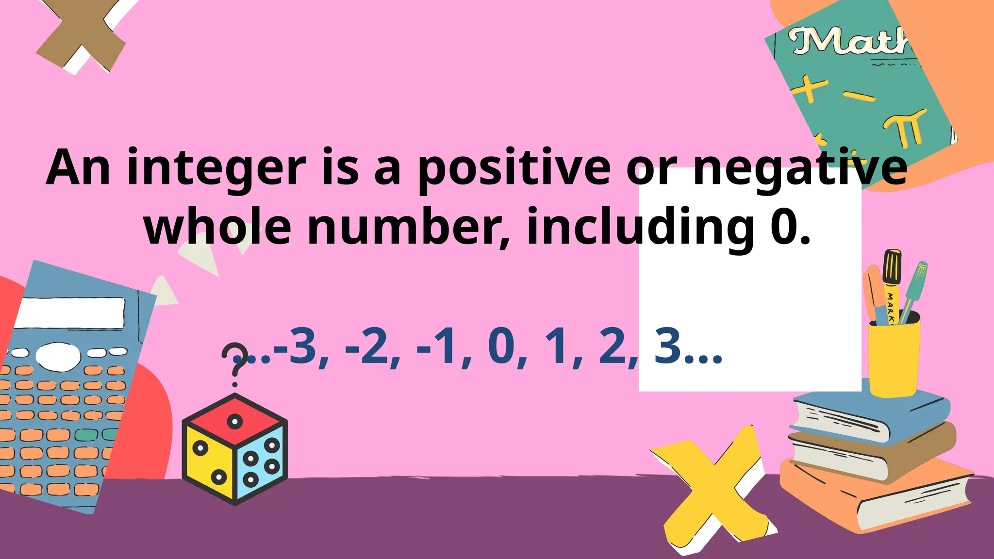 An integer is a positive or negative
whole number, including 0.
…-3, -2, -1, 0, 1, 2, 3…
 