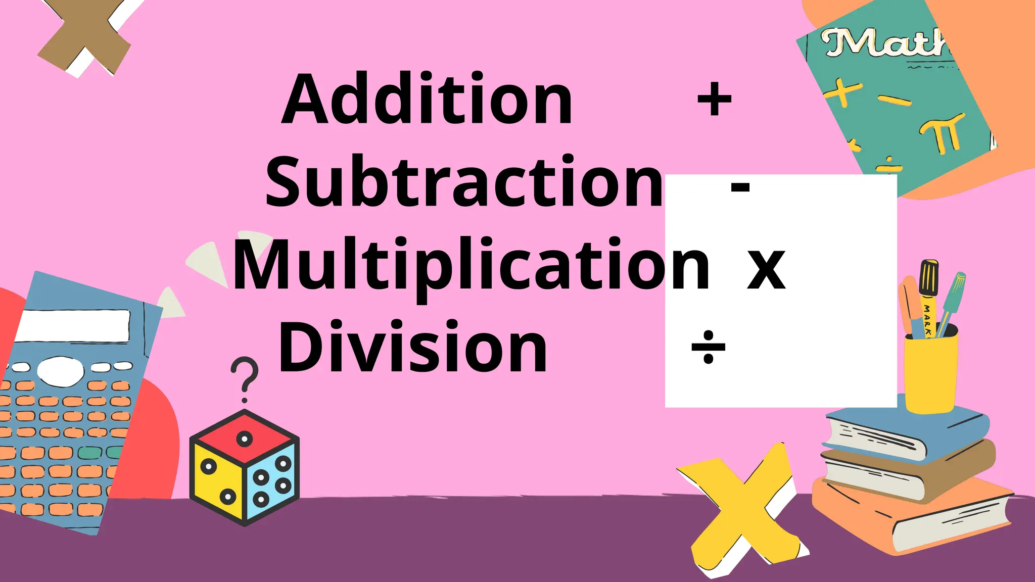Addition +
Subtraction -
Multiplication x
Division ÷
 