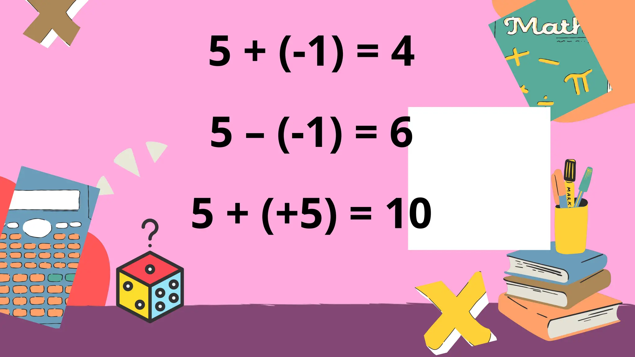 5 + (-1) = 4
5 – (-1) = 6
5 + (+5) = 10
 