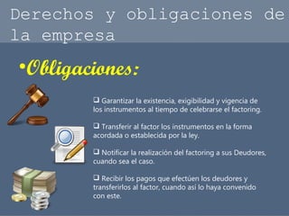 Derechos y obligaciones de 
la empresa 
•Obligaciones: 
 Garantizar la existencia, exigibilidad y vigencia de 
los instrumentos al tiempo de celebrarse el factoring. 
 Transferir al factor los instrumentos en la forma 
acordada o establecida por la ley. 
 Notificar la realización del factoring a sus Deudores, 
cuando sea el caso. 
 Recibir los pagos que efectúen los deudores y 
transferirlos al factor, cuando así lo haya convenido 
con este. 
 