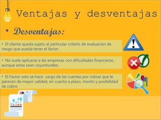 Ventajas y desventajas 
• Desventajas: 
• El cliente queda sujeto al particular criterio de evaluación de 
riesgo que pueda tener el factor . 
• No suele aplicarse a las empresas con dificultades financieras , 
aunque estas sean coyunturales. 
• El Factor solo se hace cargo de las cuentas por cobrar que le 
parecen de mayor calidad, en cuanto a plazo, monto y posibilidad 
de cobro 
 