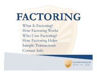 • 
• 
• 
• 
• 
• 

What Is Factoring?
How Factoring Works
Who Uses Factoring?
How Factoring Helps
Sample Transactions
Contact Info

 
