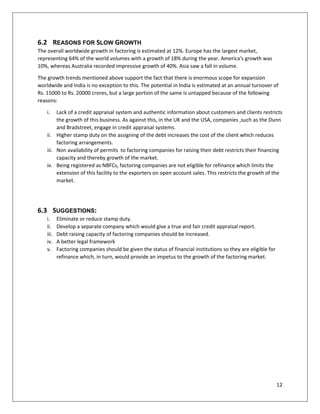 12 
6.2 REASONS FOR SLOW GROWTH 
The overall worldwide growth in factoring is estimated at 12%. Europe has the largest market, representing 64% of the world volumes with a growth of 18% during the year. America's growth was 10%, whereas Australia recorded impressive growth of 40%. Asia saw a fall in volume. 
The growth trends mentioned above support the fact that there is enormous scope for expansion worldwide and India is no exception to this. The potential in India is estimated at an annual turnover of Rs. 15000 to Rs. 20000 crores, but a large portion of the same is untapped because of the following reasons: 
i. Lack of a credit appraisal system and authentic information about customers and clients restricts the growth of this business. As against this, in the UK and the USA, companies ,such as the Dunn and Bradstreet, engage in credit appraisal systems. 
ii. Higher stamp duty on the assigning of the debt increases the cost of the client which reduces factoring arrangements. 
iii. Non availability of permits to factoring companies for raising their debt restricts their financing capacity and thereby growth of the market. 
iv. Being registered as NBFCs, factoring companies are not eligible for refinance which limits the extension of this facility to the exporters on open account sales. This restricts the growth of the market. 
6.3 SUGGESTIONS: 
i. Eliminate or reduce stamp duty. 
ii. Develop a separate company which would give a true and fair credit appraisal report. 
iii. Debt raising capacity of factoring companies should be increased. 
iv. A better legal framework 
v. Factoring companies should be given the status of financial institutions so they are eligible for refinance which, in turn, would provide an impetus to the growth of the factoring market. 
 