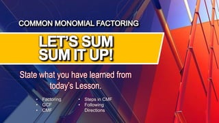 Cmf Math Grade 8 Mathematics Common Monomial Factoring | PPTX