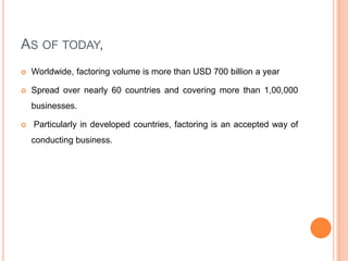 AS OF TODAY,


Worldwide, factoring volume is more than USD 700 billion a year



Spread over nearly 60 countries and covering more than 1,00,000
businesses.



Particularly in developed countries, factoring is an accepted way of
conducting business.

 