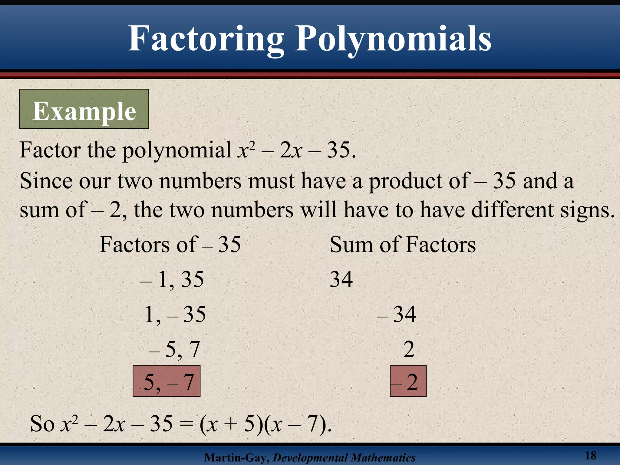 Martin-Gay, Developmental Mathematics 18
Factor the polynomial x2
– 2x – 35.
Since our two numbers must have a product of – 35 and a
sum of – 2, the two numbers will have to have different signs.
Factors of – 35 Sum of Factors
– 1, 35 34
1, – 35 – 34
– 5, 7 2
5, – 7 – 2
So x2
– 2x – 35 = (x + 5)(x – 7).
Factoring Polynomials
Example
 
