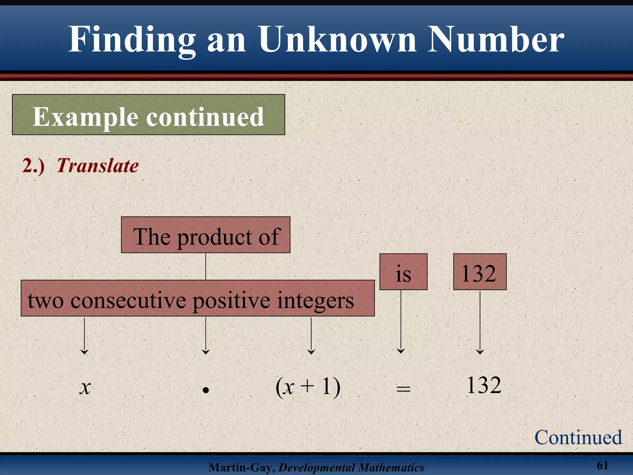 Martin-Gay, Developmental Mathematics 61
Finding an Unknown Number
Example continued
2.) Translate
Continued
two consecutive positive integers
x (x + 1)
is
=
132
132•
The product of
 