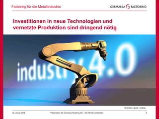 Factoring für die Metallindustrie
430. Januar 2018 Präsentation der Germania Factoring AG – Alle Rechte vorbehalten
Illustration: geralt / pixabay
Investitionen in neue Technologien und
vernetzte Produktion sind dringend nötig
 