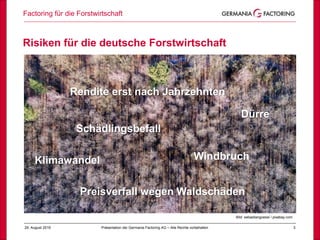 Risiken für die deutsche Forstwirtschaft
Factoring für die Forstwirtschaft
329. August 2019 Präsentation der Germania Factoring AG – Alle Rechte vorbehalten
Bild: sebastiangoessl / pixabay.com
Schädlingsbefall
Rendite erst nach Jahrzehnten
Windbruch
Dürre
Preisverfall wegen Waldschäden
Klimawandel
 