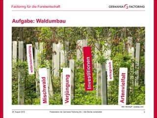 Factoring für die Forstwirtschaft
429. August 2019 Präsentation der Germania Factoring AG – Alle Rechte vorbehalten
Erfolg
Bild: MonikaP / pixabay.com
Aufgabe: Waldumbau
Verjüngung
 