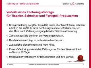 Factoring für Tischler und Schreiner
1025. April 2018 Präsentation der Germania Factoring AG – Alle Rechte vorbehalten
Vorteile eines Factoring-Vertrags
für Tischler, Schreiner und Fertigteil-Produzenten
Umsatzfactoring sorgt für Liquidität quasi über Nacht: Unternehmen
erhalten bis zu 90 % Ihrer Rechnungssumme sofort überweisen,
den Rest nach Zahlungseingang bei der Germania Factoring.
Zahlungsausfälle gehören der Vergangenheit an.
Das Mahnwesen liegt in professionellen Händen.
Zusätzliche Sicherheiten sind nicht nötig.
Einkaufsfactoring streckt das Zahlungsziel für den Wareneinkauf
auf bis zu 90 Tage.
Handwerker verbessern ihr Bankenrating und ihre Bonität.
 