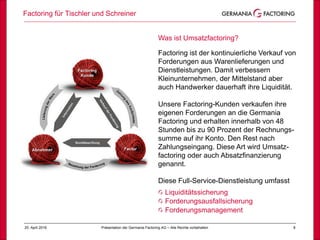 25. April 2018 8
Was ist Umsatzfactoring?
Factoring ist der kontinuierliche Verkauf von
Forderungen aus Warenlieferungen und
Dienstleistungen. Damit verbessern
Kleinunternehmen, der Mittelstand aber
auch Handwerker dauerhaft ihre Liquidität.
Unsere Factoring-Kunden verkaufen ihre
eigenen Forderungen an die Germania
Factoring und erhalten innerhalb von 48
Stunden bis zu 90 Prozent der Rechnungs-
summe auf ihr Konto. Den Rest nach
Zahlungseingang. Diese Art wird Umsatz-
factoring oder auch Absatzfinanzierung
genannt.
Diese Full-Service-Dienstleistung umfasst
Liquiditätssicherung
Forderungsausfallsicherung
Forderungsmanagement
Präsentation der Germania Factoring AG – Alle Rechte vorbehalten
Factoring für Tischler und Schreiner
 