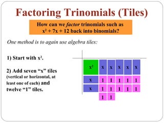 Factoring Trinomials (Tiles)
                How can we factor trinomials such as
                 x2 + 7x + 12 back into binomials?

One method is to again use algebra tiles:

1) Start with x2.
                                     x2     x   x x     x   x
2) Add seven “x” tiles
(vertical or horizontal, at
                                     x      1   1   1   1   1
least one of each) and
twelve “1” tiles.                    x      1   1   1   1   1
                                            1   1
 