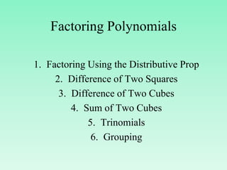 Factoring Polynomials

1. Factoring Using the Distributive Prop
     2. Difference of Two Squares
      3. Difference of Two Cubes
         4. Sum of Two Cubes
             5. Trinomials
              6. Grouping
 