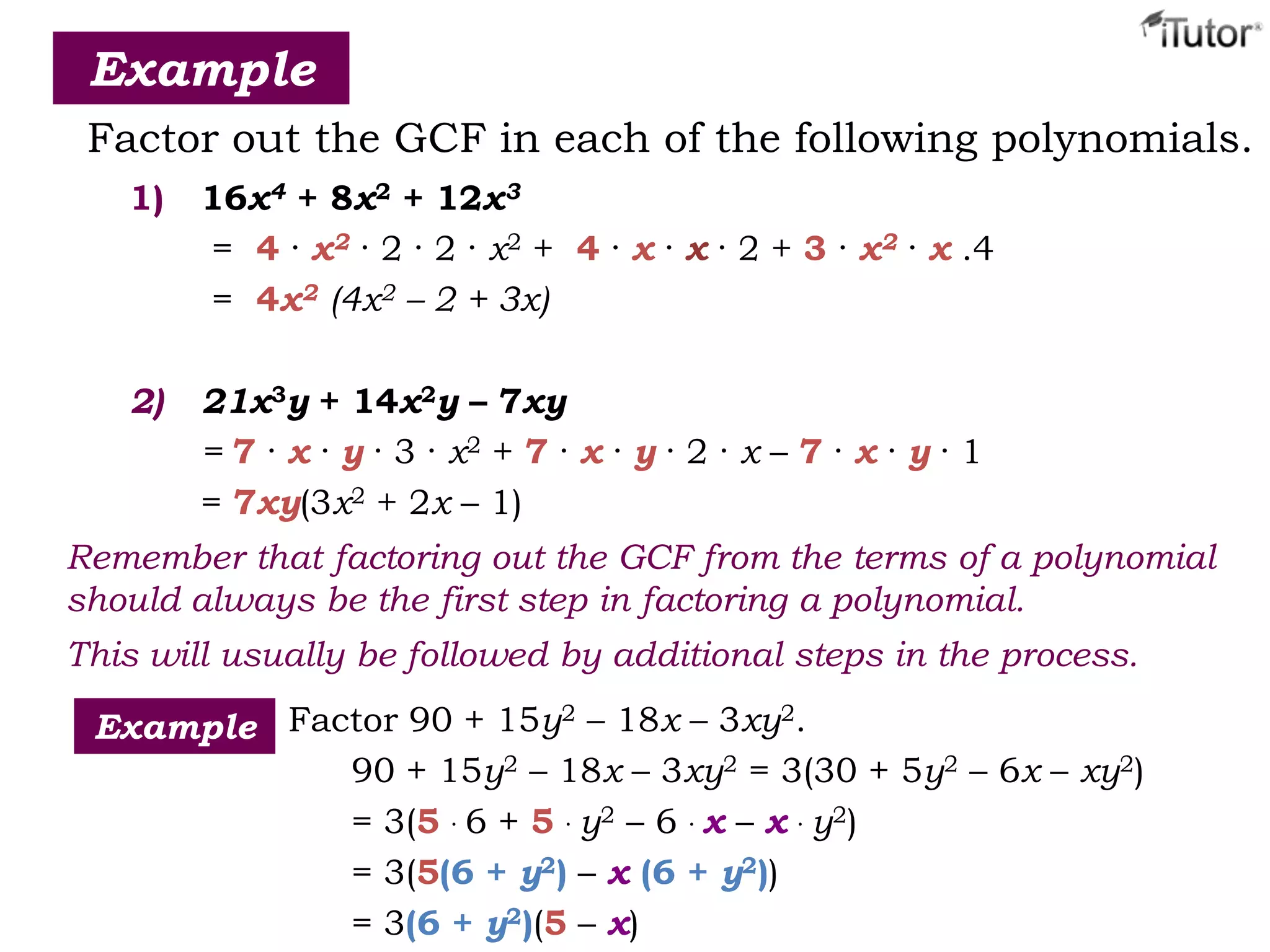 Example
Factor out the GCF in each of the following polynomials.
1) 16x4 + 8x2 + 12x3
= 4 · x2 · 2 · 2 · x2 + 4 · x · x · 2 + 3 · x2 · x .4
= 4x2 (4x2 – 2 + 3x)
2) 21x3y + 14x2y – 7xy
= 7 · x · y · 3 · x2 + 7 · x · y · 2 · x – 7 · x · y · 1
= 7xy(3x2 + 2x – 1)
Remember that factoring out the GCF from the terms of a polynomial
should always be the first step in factoring a polynomial.
This will usually be followed by additional steps in the process.
Factor 90 + 15y2 – 18x – 3xy2.
90 + 15y2 – 18x – 3xy2 = 3(30 + 5y2 – 6x – xy2)
= 3(5 · 6 + 5 · y2 – 6 · x – x · y2)
= 3(5(6 + y2) – x (6 + y2))
= 3(6 + y2)(5 – x)
Example
 