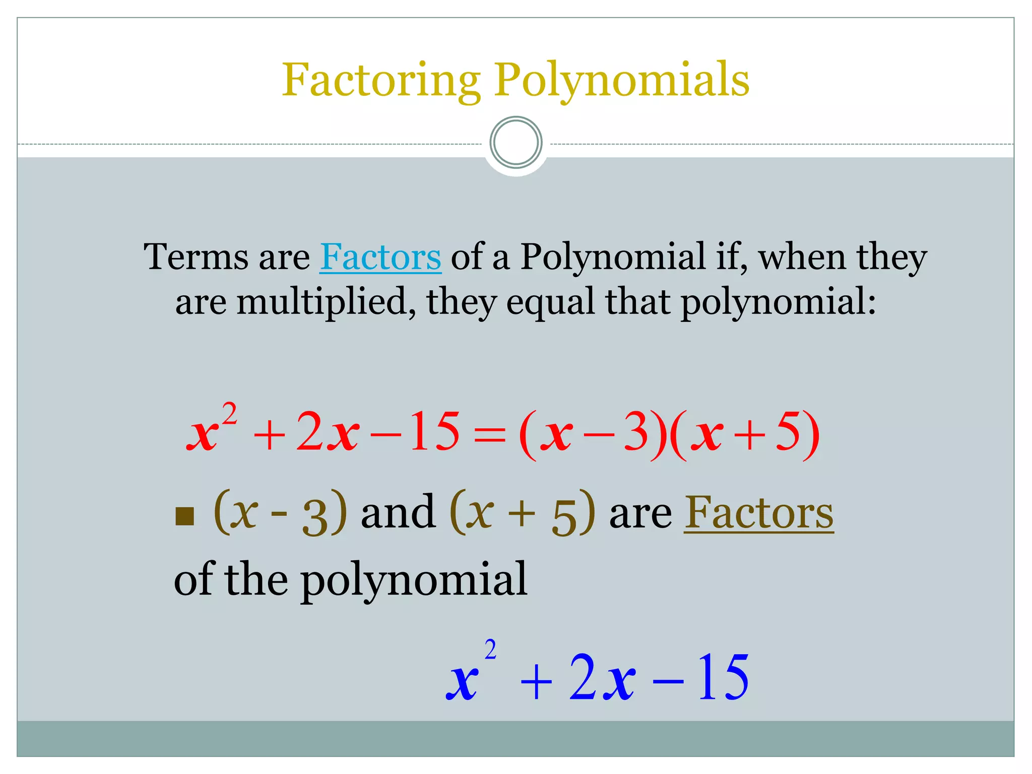 Factoring Polynomials
Terms are Factors of a Polynomial if, when they
are multiplied, they equal that polynomial:
2
2 15 ( 3)( 5)
x x x x
    
 (x - 3) and (x + 5) are Factors
of the polynomial
2
2 15
x x
 
 