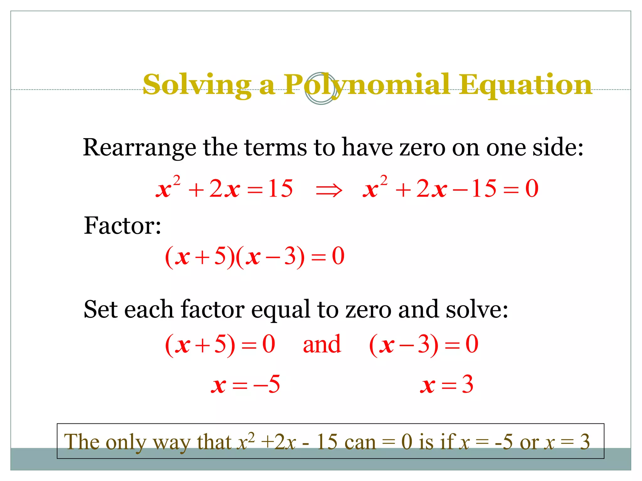 Solving a Polynomial Equation
The only way that x2 +2x - 15 can = 0 is if x = -5 or x = 3
Rearrange the terms to have zero on one side:
2 2
2 15 2 15 0
x x x x
     
Factor:
( 5)( 3) 0
x x
  
Set each factor equal to zero and solve:
( 5) 0 and ( 3) 0
5 3
x x
x x
   
  
 