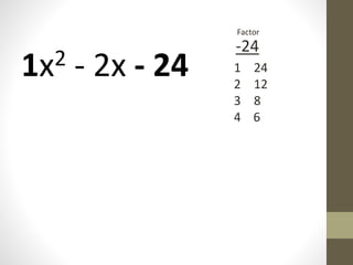 1x2 - 2x - 24
-24
Factor
1 24
2 12
3 8
4 6