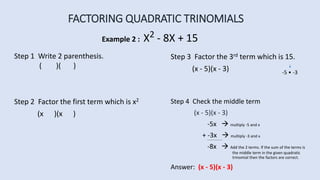 FACTORING QUADRATIC TRINOMIALS
Example 2 : X2 - 8X + 15
Step 2 Factor the first term which is x2
(x )(x )
Step 4 Check the middle term
(x - 5)(x - 3)
-5x  multiply -5 and x
+ -3x  multiply -3 and x
-8x  Add the 2 terms. If the sum of the terms is
the middle term in the given quadratic
trinomial then the factors are correct.
Answer: (x - 5)(x - 3)
Step 1 Write 2 parenthesis.
( )( )
Step 3 Factor the 3rd term which is 15.
(x - 5)(x - 3) -5 • -3
 