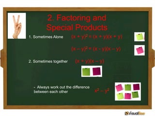 2. Factoring and
Special Products
1. Sometimes Alone
2. Sometimes together
- Always work out the difference
between each other
(x + y)2 = (x + y)(x + y)
(x – y)2 = (x - y)(x – y)
(x + y)(x – y)
x2 – y2
 