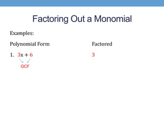 Factoring Out a Monomial
Examples:
Polynomial Form         Factored
1. 3x + 6               3

    GCF
 