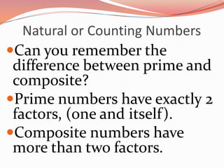 Natural or Counting NumbersCan you remember the difference between prime and composite?  Prime numbers have exactly 2 factors, (one and itself).Composite numbers have more than two factors.