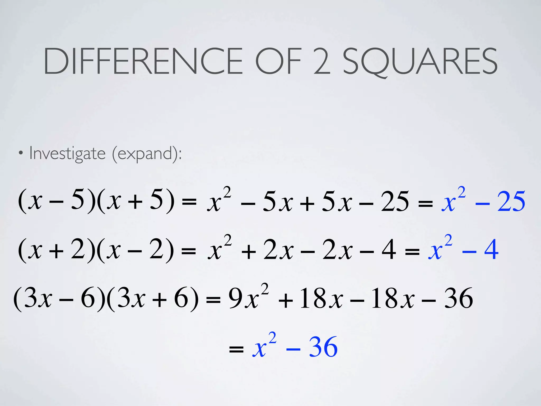 Square Diff Factorising quads diff 2 squares perfect squares | KEY