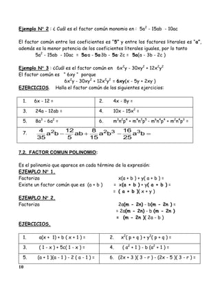 10
Ejemplo N 2 : ¿ Cuál es el factor común monomio en : 5a2
- 15ab - 10ac
El factor común entre los coeficientes es “5” y entre los factores literales es “a”,
además es la menor potencia de los coeficientes literales iguales, por lo tanto
5a2
- 15ab - 10ac = 5a·a - 5a·3b - 5a· 2c = 5a(a - 3b - 2c )
Ejemplo N 3 : ¿Cuál es el factor común en 6x2
y - 30xy2
+ 12x2
y2
El factor común es “ 6xy “ porque
6x2
y - 30xy2
+ 12x2
y2
= 6xy(x - 5y + 2xy )
EJERCICIOS. Halla el factor común de los siguientes ejercicios:
1. 6x - 12 = 2. 4x - 8y =
3. 24a - 12ab = 4. 10x - 15x2
=
5. 8a3
- 6a2
= 6. m3
n2
p4
+ m4
n3
p5
- m6
n4
p4
+ m2
n4
p3
=
7.  ba
25
16
ba
15
8
ab
5
12
ba
35
4 3322
7.2. FACTOR COMUN POLINOMIO:
Es el polinomio que aparece en cada término de la expresión:
EJEMPLO N 1.
Factoriza x(a + b ) + y( a + b ) =
Existe un factor común que es (a + b ) = x(a + b ) + y( a + b ) =
= ( a + b )( x + y )
EJEMPLO N 2.
Factoriza 2a(m - 2n) - b(m - 2n ) =
= 2a(m - 2n) - b (m - 2n )
= (m - 2n )( 2a - b )
EJERCICIOS.
1. a(x + 1) + b ( x + 1 ) = 2. x2
( p + q ) + y2
( p + q ) =
3. ( 1 - x ) + 5c( 1 - x ) = 4. ( a2
+ 1 ) - b (a2
+ 1 ) =
5. (a + 1 )(a - 1 ) - 2 ( a - 1 ) = 6. (2x + 3 )( 3 - r ) - (2x - 5 )( 3 - r ) =
 