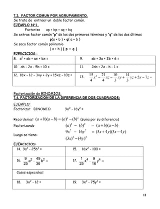 11
7.3. FACTOR COMUN POR AGRUPAMIENTO.
Se trata de extraer un doble factor común.
EJEMPLO N1.
Factoriza ap + bp + aq + bq
Se extrae factor común “p” de los dos primeros términos y “q” de los dos últimos
p(a + b ) + q( a + b )
Se saca factor común polinomio
( a + b ) ( p + q )
EJERCICIOS :
8. a2
+ ab + ax + bx = 9. ab + 3a + 2b + 6 =
10. ab - 2a - 5b + 10 = 11. 2ab + 2a - b - 1 =
12. 18x - 12 - 3xy + 2y + 15xz - 10z =
13.  zxyzxyxzx 75
3
14
3
10
4
21
4
15 2
Factorización de BINOMIOS:
7.4. FACTORIZACION DE LA DIFERENCIA DE DOS CUADRADOS:
EJEMPLO:
Factorizar BINOMIO 9x2
- 16y2
=
Recordemos:
22
)()())(( bababa  (suma por su diferencia)
Factorizando ))(()()( 22
bababa 
Luego se tiene:
22
22
)4()3(
)43)(43(169
yx
yxyxyx


EJERCICIOS:
14. 9a2
- 25b2
= 15. 16x2
- 100 =
16.  22
b
36
49
a
25
9 17.  44
y
16
9
x
25
1
Casos especiales:
18. 3x2
- 12 = 19. 3x2
- 75y2
=
 