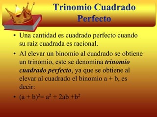 Agrupación de términosAlgunos polinomios no tienen un factor común a todos los términos; pero puede ocurrir que grupos de términos tengan cierto factor común.Agrupándolos y factorizando cada grupo puede resultar un factor común a todos los grupos del polinomio.Estas factorizaciones se llaman por agrupación de términos.