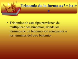 Trinomio Cuadrado PerfectoUna cantidad es cuadrado perfecto cuando su raíz cuadrada es racional.Al elevar un binomio al cuadrado se obtiene un trinomio, este se denomina trinomio cuadrado perfecto, ya que se obtiene al elevar al cuadrado el binomio a + b, es decir:(a + b)2= a2 + 2ab +b2