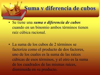 Por ejemplo:x2 + 5x + 6Se debe obtener dos binomios cuyo primer término sea x, osea la raíz cuadrada del primer término del trinomio (x   )(x   ).Ahora se debe encontrarlos segundos términos, que deben ser 2 números cuyo producto debe ser igual a 6 (el término independiente), y cuya suma sea 5 (el coeficiente de x)